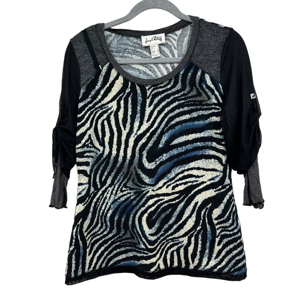 Joseph Ribkoff Women Blouse Top Mesh Ruched Rolled Tab Sleeve Black Size 10*